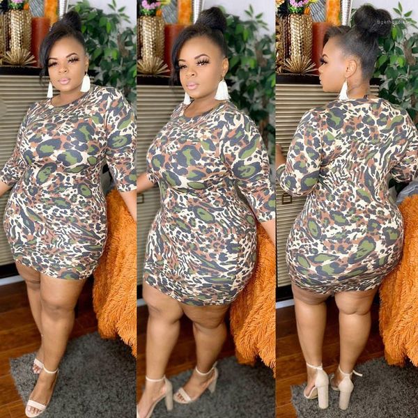 

leopard printed crew neck hip dress plus size ladies clothes autumn womens designer pencil dress, Black;gray