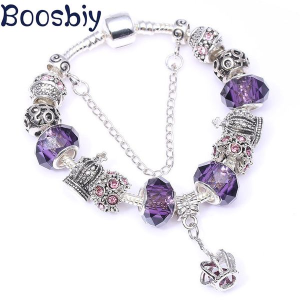 

boosbiy sell european style purple crystal crown charm bracelets fits brand bracelets & bangles for women romantic gift, Golden;silver