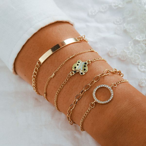 

tocona 5pcs/sets charming butterfly bracelet for women hollow geoemtric shiny crystal stone gold color chain jewelry 14110, Golden;silver