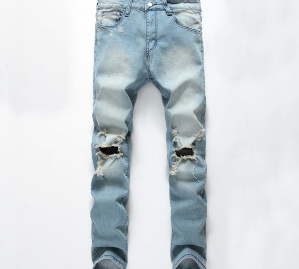 

casual distressed jeans men vintage slim straight biker jeans slim pant male denim pant plus size 42, Blue
