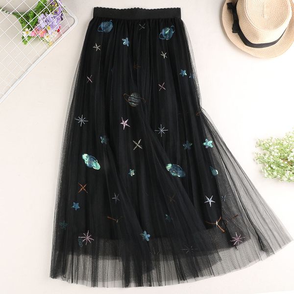 

skirts female women high waist mesh gauze embroidered star skirt, Black