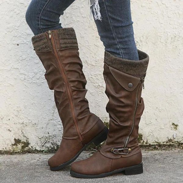 

womens western boots winter solid boots round toe low heel snow warm women stitching comfy leather zipper knee high, Black