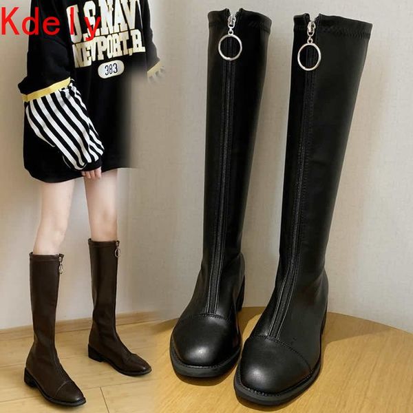 

women's candy color booties women zippers knee high boots pu leather square heels shoes female fashion long boots ladies shoes, Black