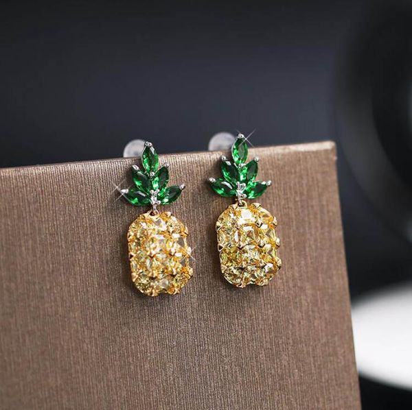 

fashion bohemian pineapple fruit earring 925 sterling silver crystal drop dangle pineapple earrings boho summer rhinestone statement jewelry, Golden;silver