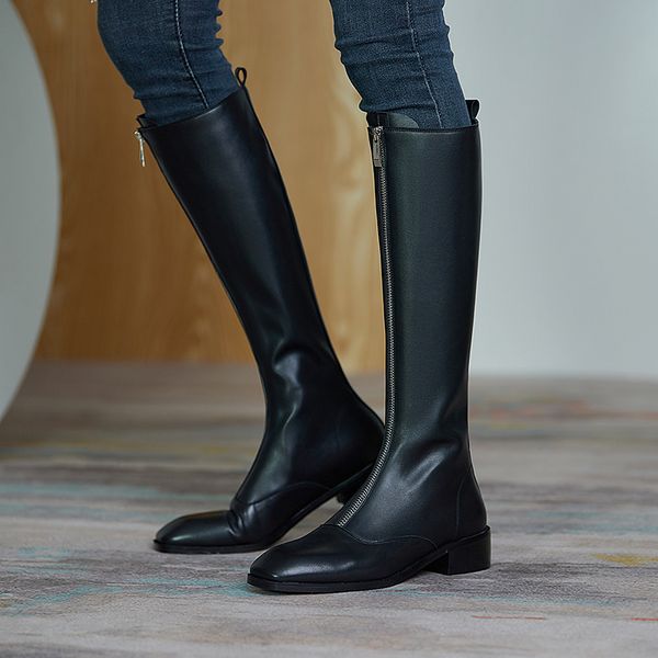 

elegant autumn winter party knee high boots genuine leather motorcycle shoes woman zipper square toe low heels women pumps, Black