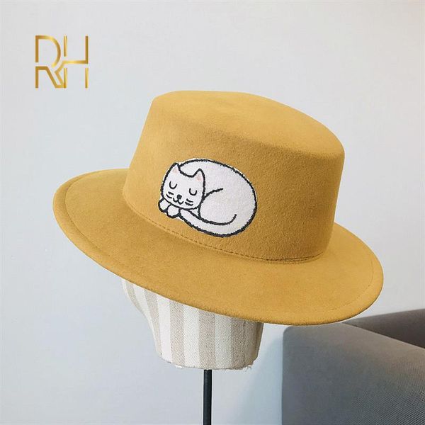 

round flat boater wool fedora hats for women ladies wide brim solid color embroidery cat formal hat felt cap rh, Blue;gray