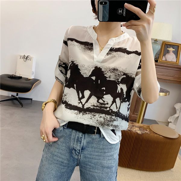 

loose women autumn long sleeve horse printed v neck blouse black and white lady elegant chiffon shirts n265