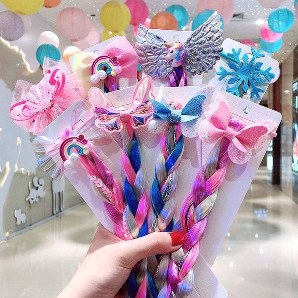 

2020 new cartoon unicorn wig hair ropes children colorful rainbow bow headdress cute girls twist braid hair rubber bands hair accessories, Golden;silver