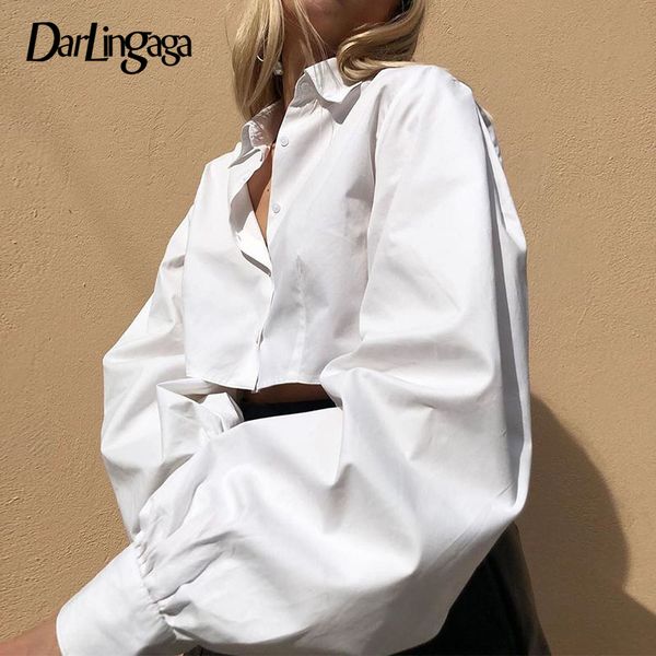 

darlingaga autumn chic puff sleeve white cropped blouse shirt solid buttons elegant fashion women blouses 2020 new clothing