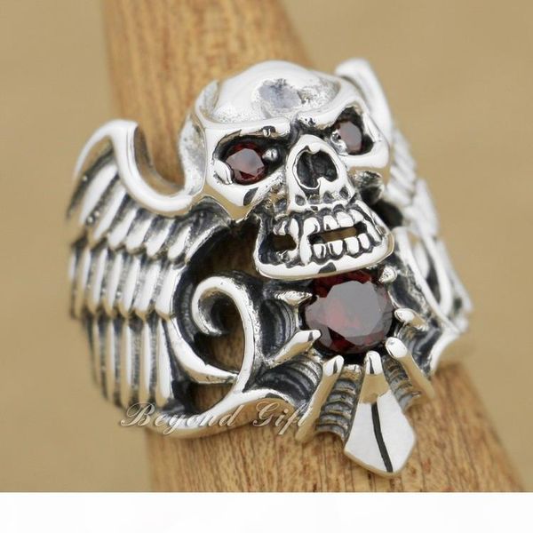 

925 sterling silver devil wing skull red cz stone mens biker ring 9m013 us size 8~14 ing, Golden;silver