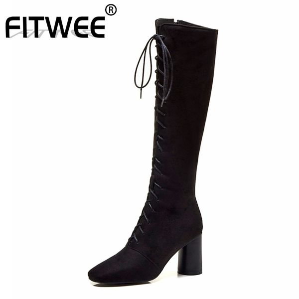

boots fitwee women knee high solid color black cross strap zipper heel shoes woman winter footwear plus size 32-48