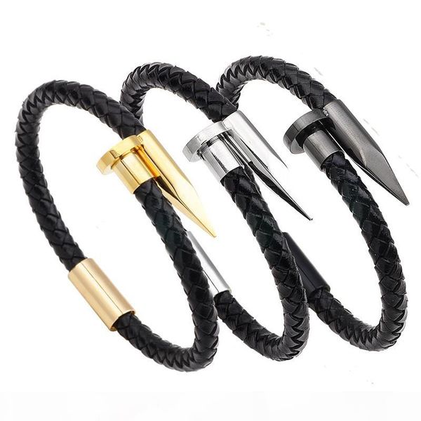 

europe and the united states new stainless steel nail bracelet creative design nail woven leather stainless steel bracelet wholesale, Golden;silver