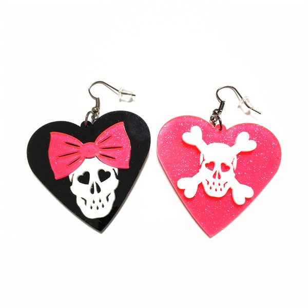 

new skull dangle earrings for women halloween peach heart skeleton black glitter pink jewelry unique accessories, Silver