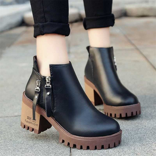 

women short boots autumn winter new ladies plus velvet keep warm non-slip women shoes pu leather thick heel boots, Black