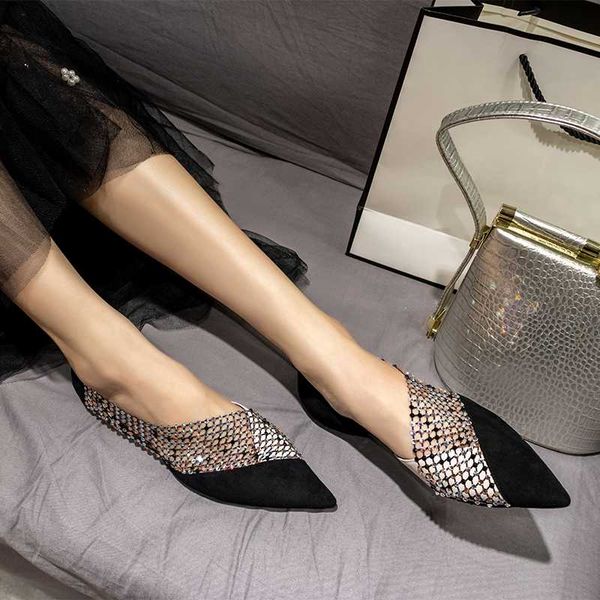 

women 's shoes flat shoes 2020 summer thick heel single pointed side hollow rhinestone sandals cover heel jelly, Black