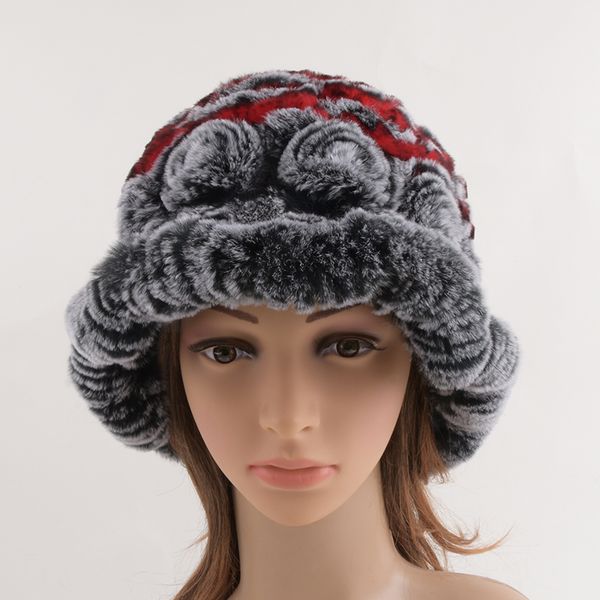 

fur hat female winter genuine rex caps knitted bucket hats women hats, Blue;gray