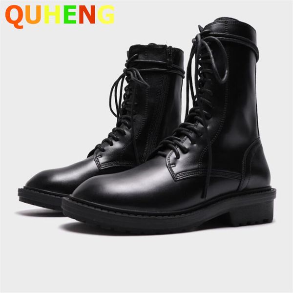

casual women's boots 2020 autumn winter new cross strap high leather boots fashion round head platform sale, Black