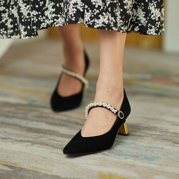 

натуральная кожа мелкие странная стиль обувь новая осень женщина мэри джейнс перл насосы женщина сжатый элегантный офис леди насосы, Black