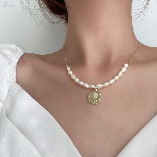 

aomu korean 2020 new women head portrait coin pendant design necklace freshwater pearl collarbone chain for female jewelry party, Silver