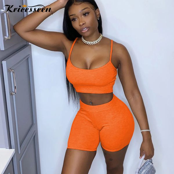 

kricesseen casual sporty workout solid orange two piece shorts sets 2020 women strap tank and shorts matching set outfits, Gray