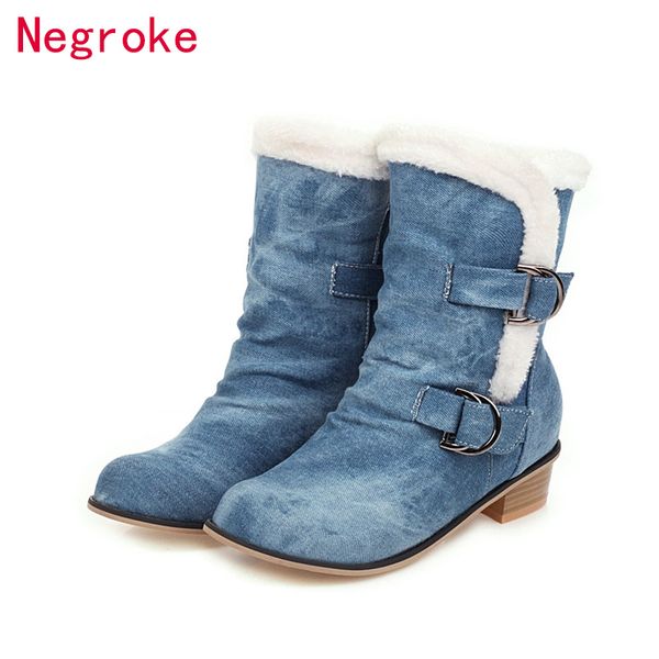 

women boots keep warm plush winter shoes with thick fur heels ankle snow boots ladies denim botas mujer 2020, Black