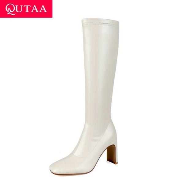 

qutaa 2021 square high heel fashion autumn winter knee high boots square toe soft pu leather zipper women long boots size 34-43, Black