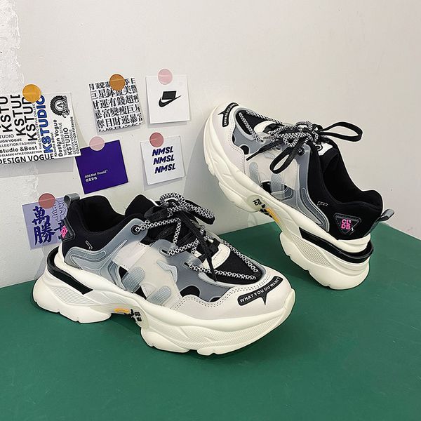 

2020women trendy chunky dad shoe laces platform shoes sneakers height increasing dropshpping sneakers footwear fashion shoes, Black