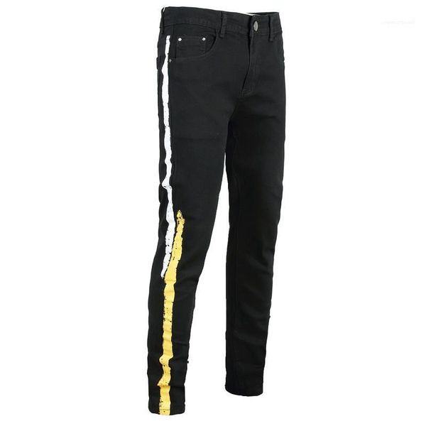 

fashion casual mens designer pants mens desigenr jeans fashion black slim printing zipper fly mid waist jeans, Blue