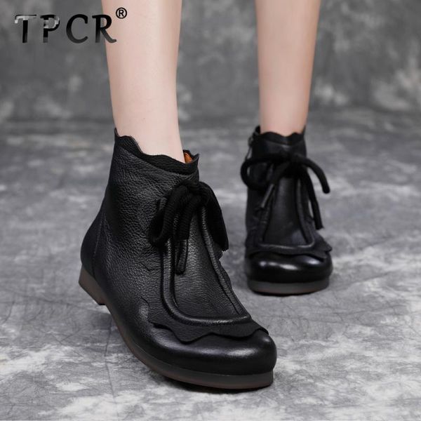 

tpcr new fashion real cowhide women personality retro vintage for woman casual soft-soled ethnic style ankle single boots brown, Black