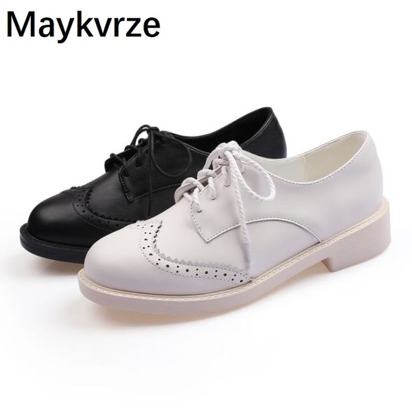 

tide women's shoes leather retro british style round toe wild lace-up comfortable flats women casual shoes, Black