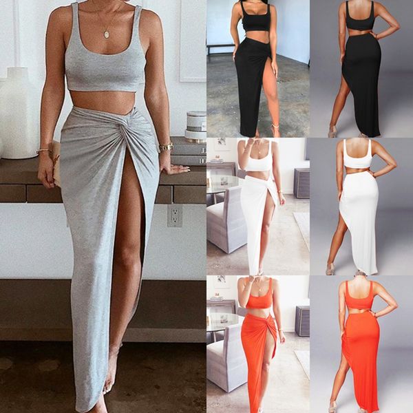 

party 2 piece set women crop twist side split long skirts matching sets club two piece outfits, Gray