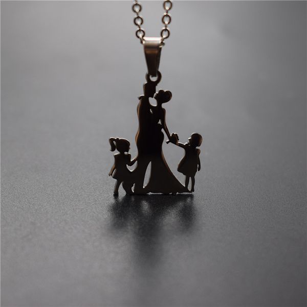 

new family necklace stainless steel lovers couple pendant necklace parents hands with girl and boy figure jewellery, Silver