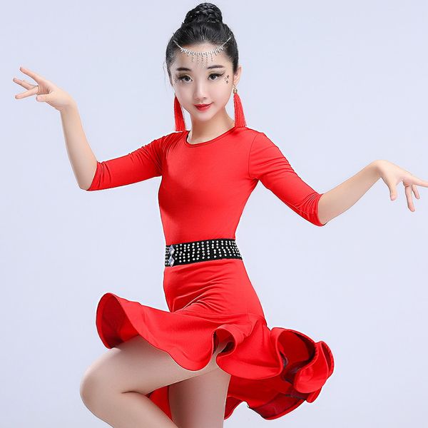 

stage wear kids rumba samba spandex children tango skirt costume backless latin dance dress for girls competition ballroom salsa dresses, Black;red