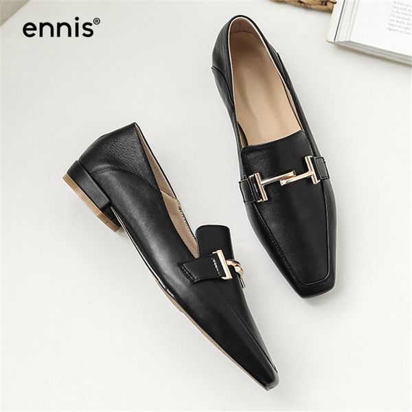 

ennis black genuine leather boat shoes women square toe ladies casual shoes designer with metal chainslip-on loafer c0059
