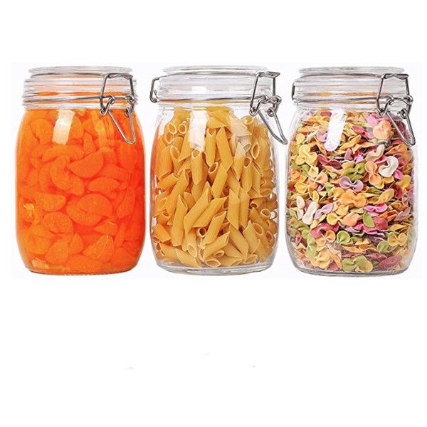 

airtight glass canister set of 3 with lids 34oz round food storage jar round - storage container with clear preserving seal wire clip