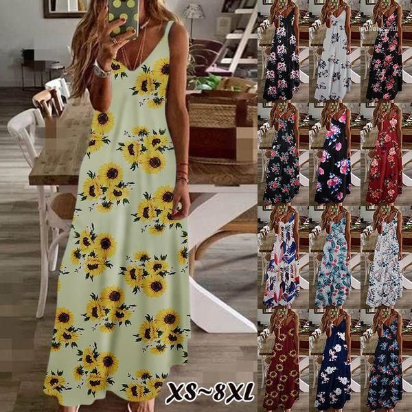 

famale casual clothing ladies v neck beach dress fashion printed sleeveless loose casual holiday long dress, Black;gray