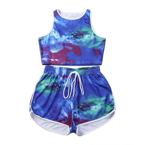 

running sets women´s sports two piece suit fashion tie-dye round neck tank high waist drawstring shorts female summer fitness set, Black;blue