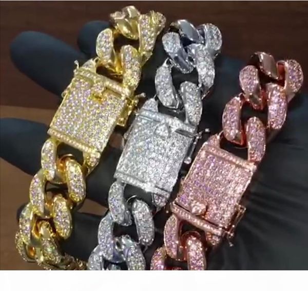 

12mm 6 7 8 9 10inches мужчины циркон майами кубинский link chain браслет золото серебро rosegold thick heavy cz hiphop ювелирных изделий, Golden;silver