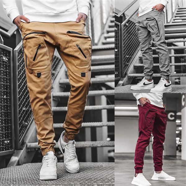 

mens new male pants casual sports cargo pants men jogging combat workout trousers solid pocket fashion style pants, Black