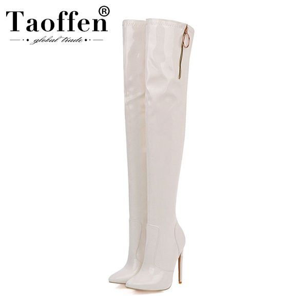 

boots taoffen size 30-48 pu leather heels winter long pointed toe zipper fashion office over knee, Black