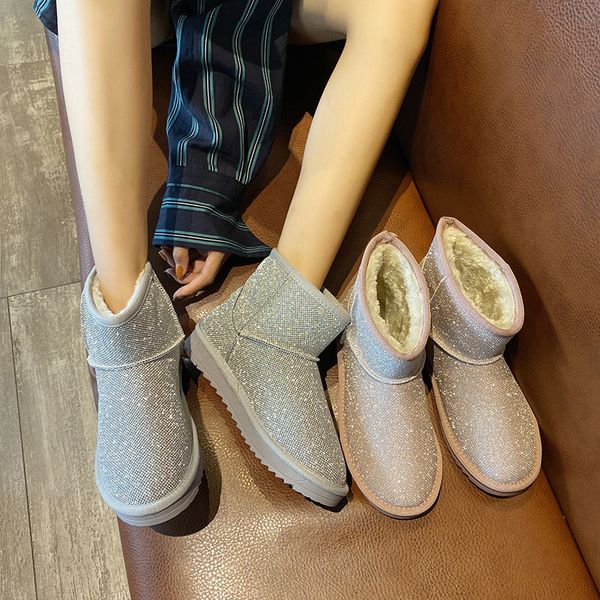 

boots snow women shoes woman crystal shine bling 2020 sping new fashion warm plush thick sole flat platform boots sequins, Black