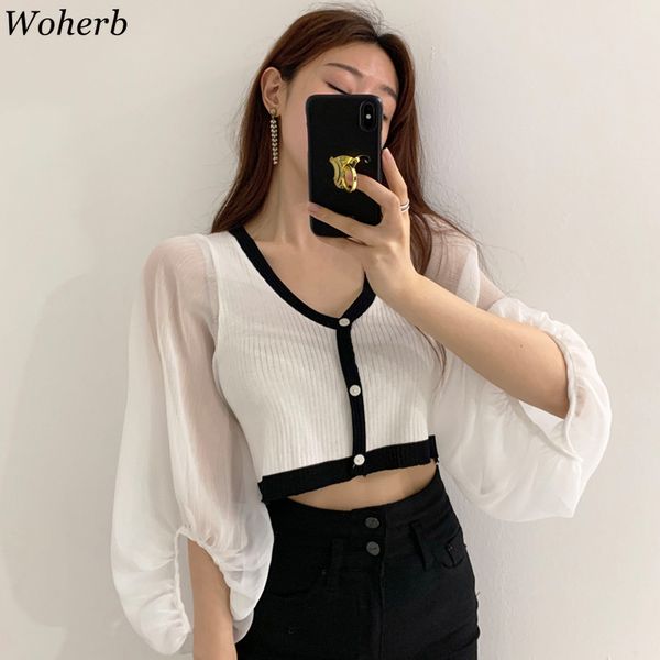 

woherb fashion women cropped blouse stretchy knitted slim shirt chic korean solid mesh long sleeve blusas 2020 shirts, White