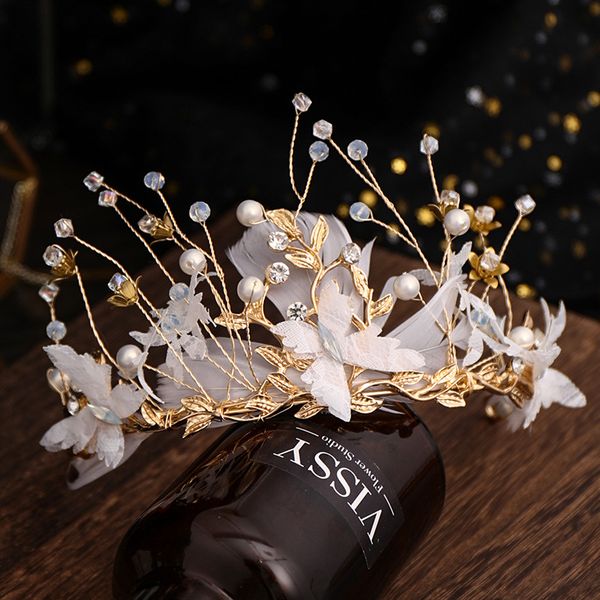 

handmade children's crown headband hair accessories white butterfly feather headdress bride wedding crown, Golden;silver