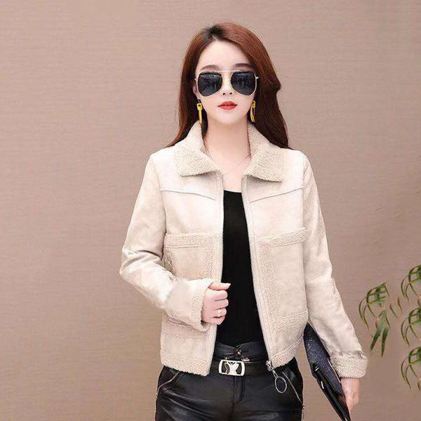 

ymwmhu elegant women's jackets fleece warm winter casual faux leather solid zipper motorcycle leather jacket korean style coats, Black