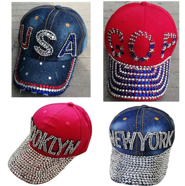 

5 types trump ponytail ball cap usa hat election campaign hat cowboy diamond cap adjustable snapback women denim diamond hat eea1991, Blue;gray