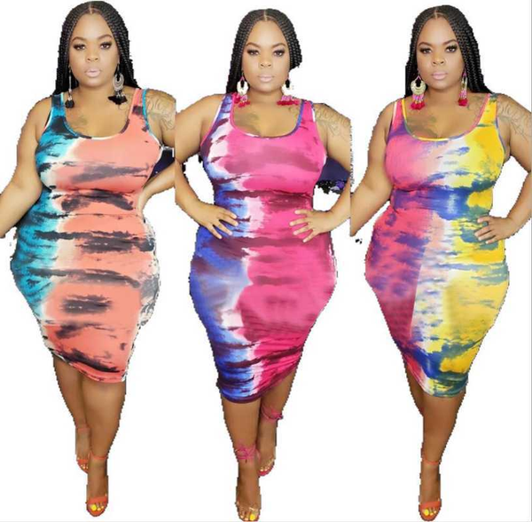 

casual dresses plus size women tie-dye printing skinny dress 2021 summer fashion female's u-neck sleeveless backless mid-calf, Black;gray