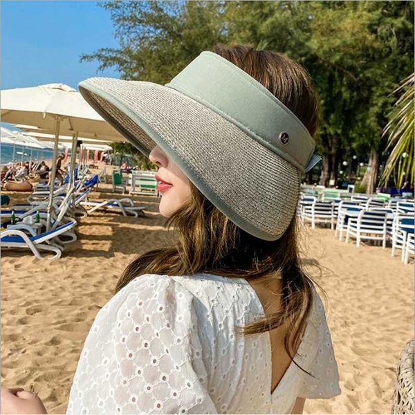 

summer straw hats for women beach holiday caps 2020 womens sun visor hat adjustable wide brim outdoor travel beach hat, Blue;gray