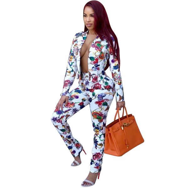 

women's two piece pants 2021 winter women ring diamond print 2 set long sleeve v-neck jacket and suit party club outfit, White