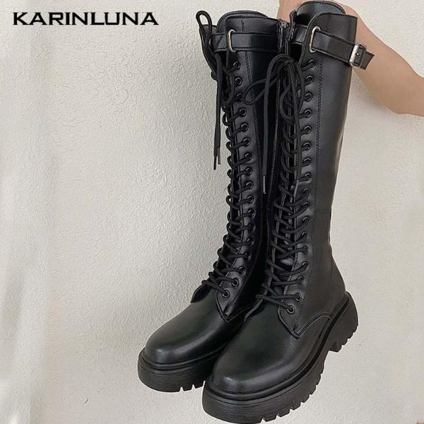 

karin 2020 fashion cool knee-high boots with buckle women female autumn winter flat platform, Black