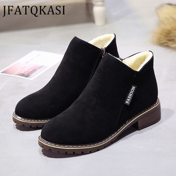 

women boots warm plush snow shoes round toe side zipper ankle boots non-slip on fashion plus velvet thicked winter shoes basic, Black